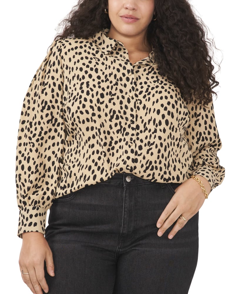 Front of a model wearing a size 1X Sheila Animal Button Down Blouse in KHAKI HAZE by Vince Camuto. | dia_product_style_image_id:261555